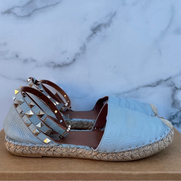 Valentino Rockstud textured leather ankle-wrap espadrille flat sandal IT 39 US 9 - Picture 7 of 16